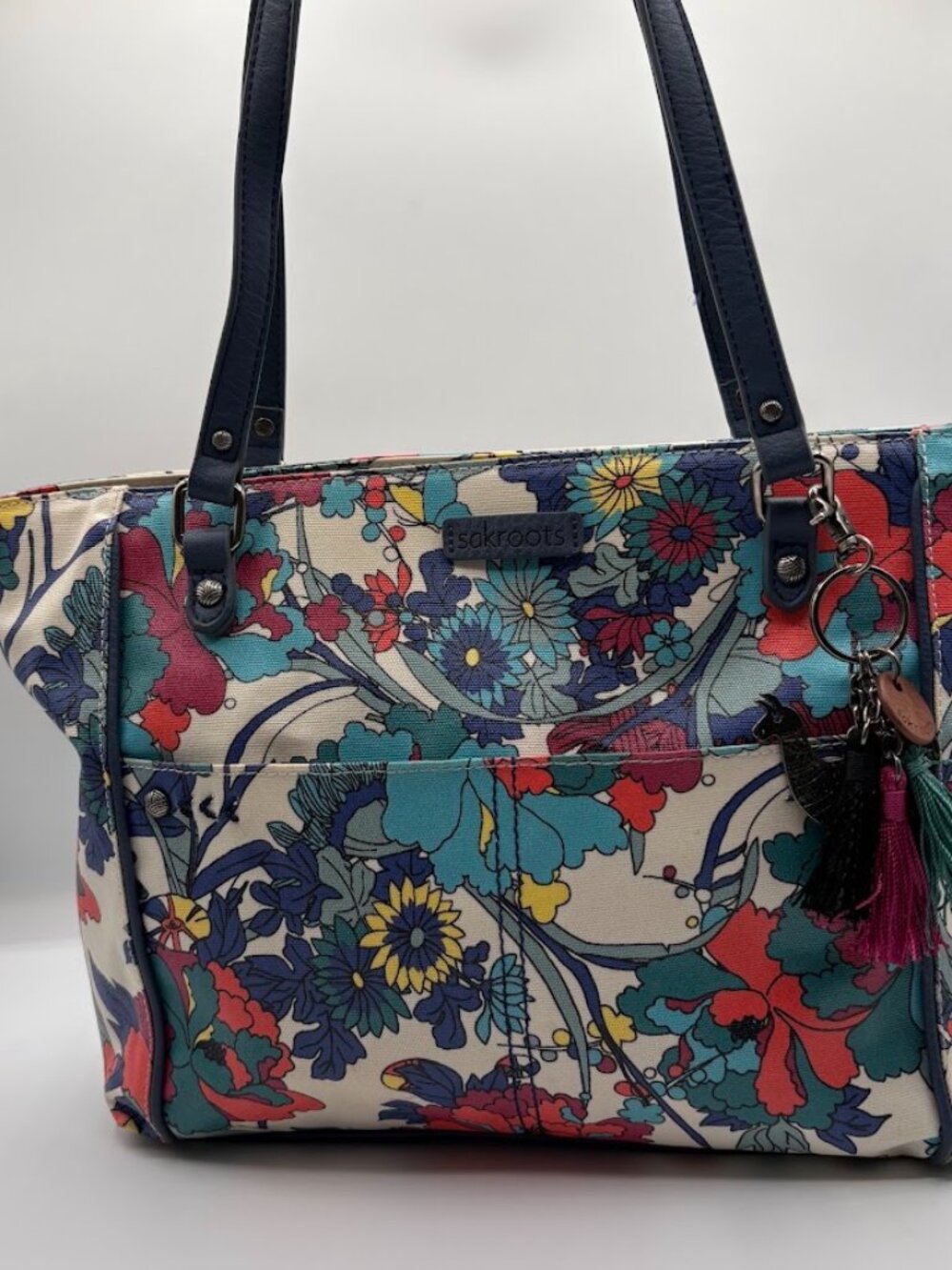 Sakroots Floral Tote Bag Blue Handles Canvas Shoulder Bag Boho Large